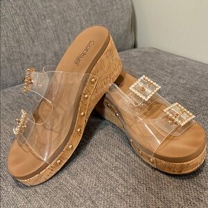 Corkys Clear Wedge Sandals‎ with Tan Soles